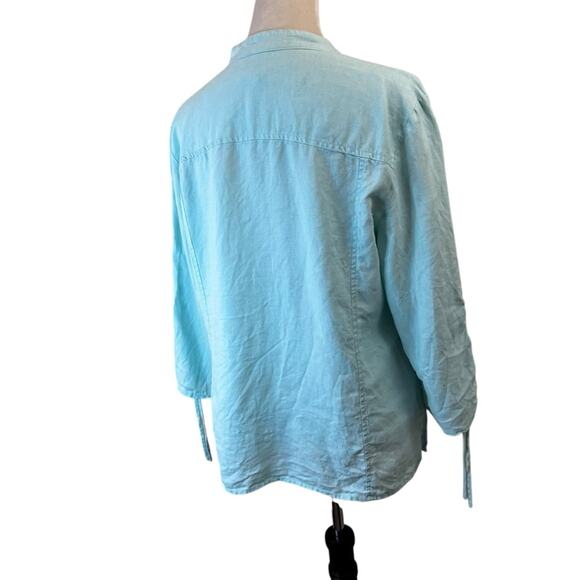 100% Linen Aqua Green JM Collection V-neck Button Up Blouse, 3/4 Sleeves Size 12 - Picture 2 of 6